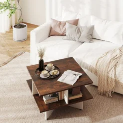 Couchtisch Holz Quadratischer Wohnzimmertisch mit 4 Ablagefächern Rustikales Braun und Weiß