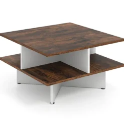 Couchtisch Holz Quadratischer Wohnzimmertisch mit 4 Ablagefächern Rustikales Braun und Weiß