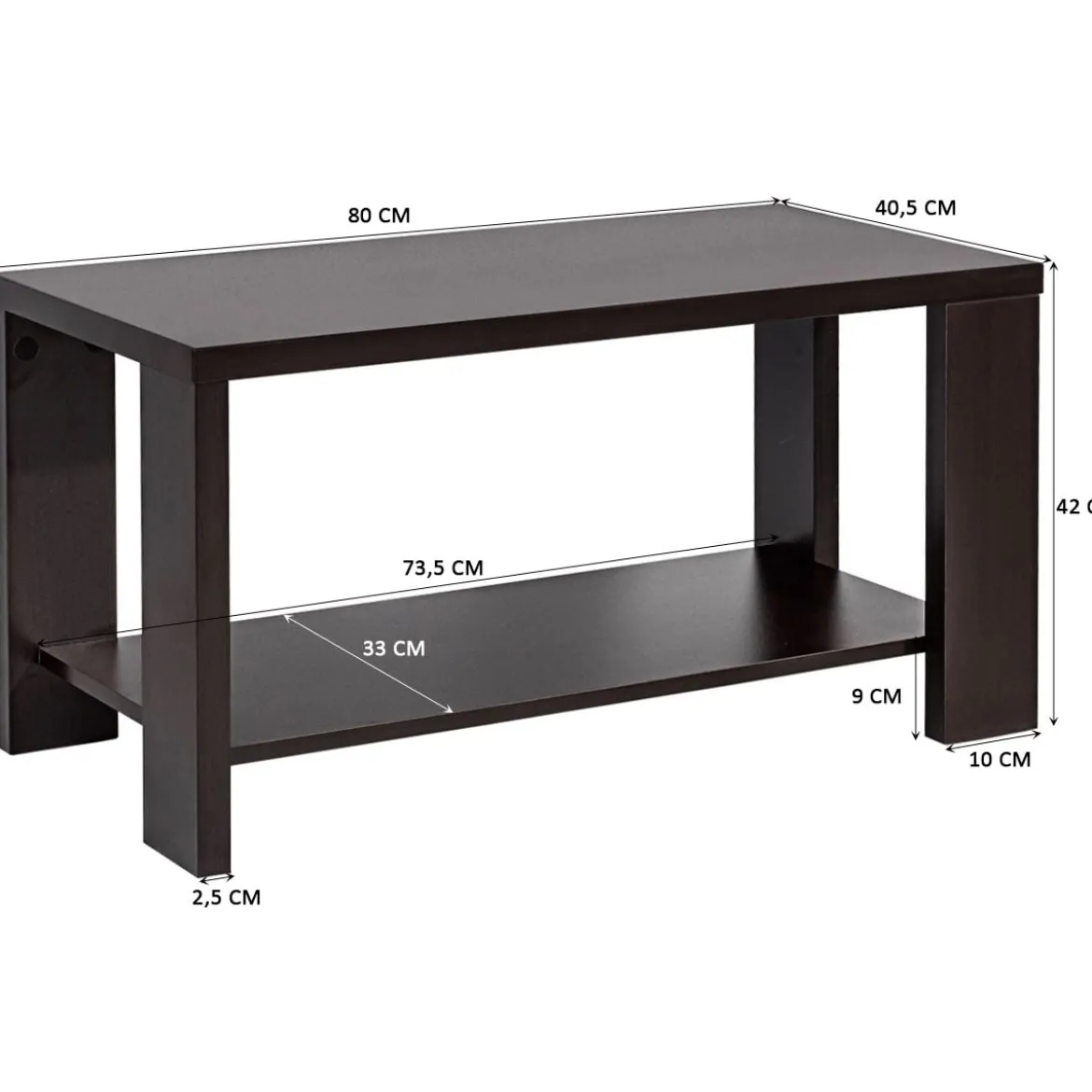 Couchtisch Holz Wohnzimmertisch mit unterer Ablage 80 x 40,5 x 42 cm Braun