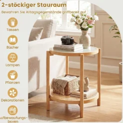 Couchtisch im Boho Stil mit Glasplatte & Rattanablage Beistelltisch 47,5 x 47,5 x 58 cm Natur