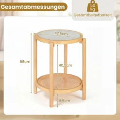 Couchtisch im Boho Stil mit Glasplatte & Rattanablage Beistelltisch 47,5 x 47,5 x 58 cm Natur