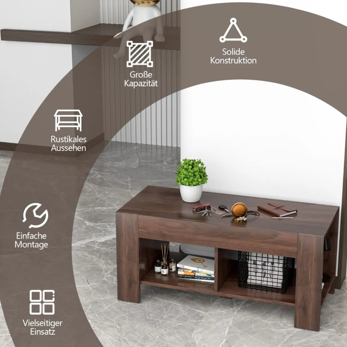 Couchtisch Kaffeetisch Beistelltisch mit 5 Füßen 90 x 39 x 42 cm MDF Braun