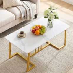 Couchtisch Kunstmarmor 90 cm Metallrahmen Rutschfest Modern Beistelltisch Weiß Gold