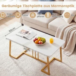 Couchtisch Kunstmarmor 90 cm Metallrahmen Rutschfest Modern Beistelltisch Weiß Gold