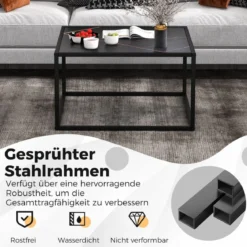 Couchtisch Marmor Optik Rechteckiger Kaffeetisch mit Tischplatte aus Kunstmarmor 70 x 70 x 40 cm Schwarz