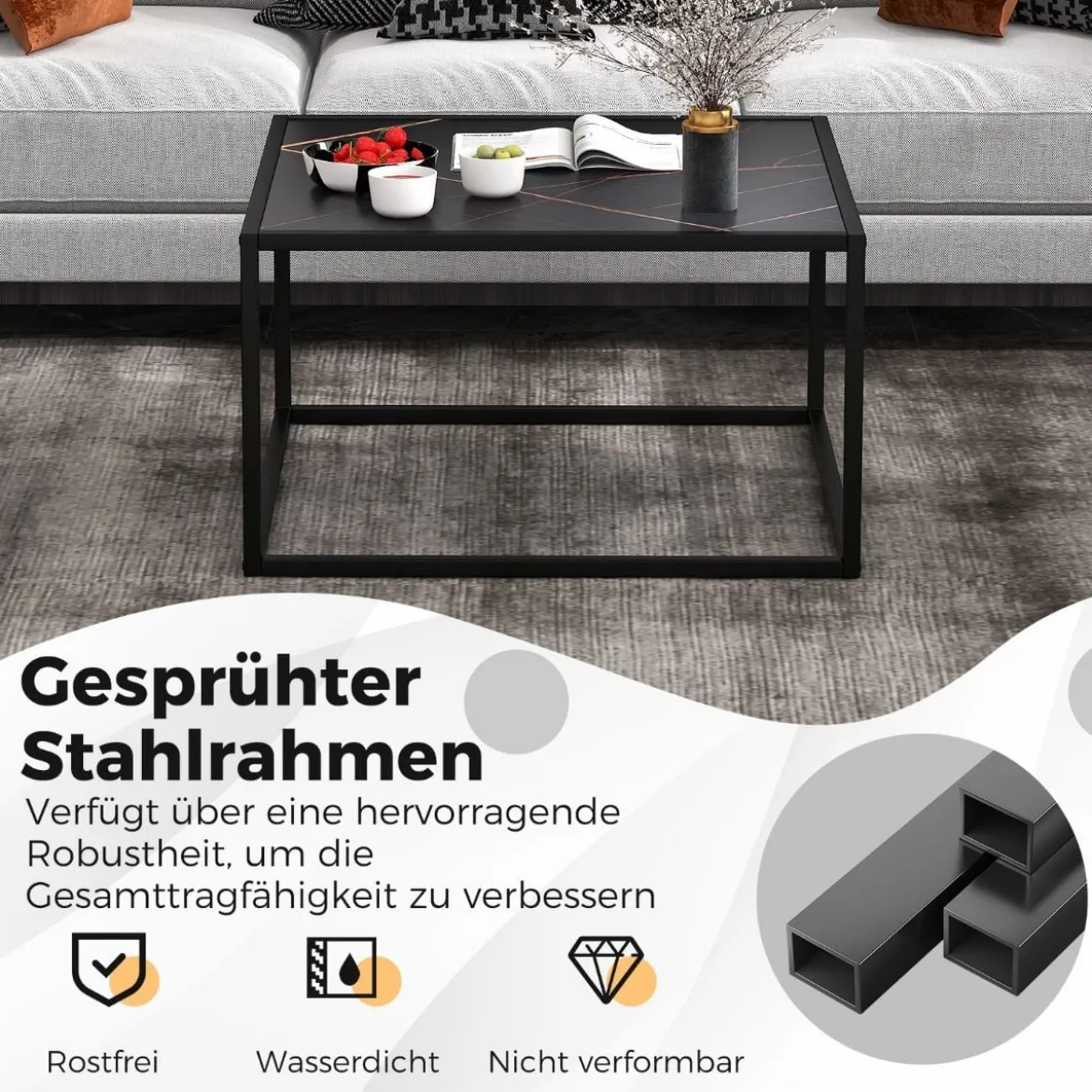 Couchtisch Marmor Optik Rechteckiger Kaffeetisch mit Tischplatte aus Kunstmarmor 70 x 70 x 40 cm Schwarz