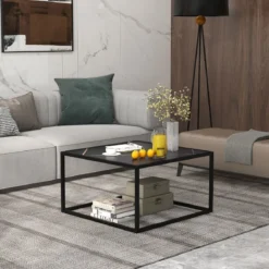 Couchtisch Marmor Optik Rechteckiger Kaffeetisch mit Tischplatte aus Kunstmarmor 70 x 70 x 40 cm Schwarz