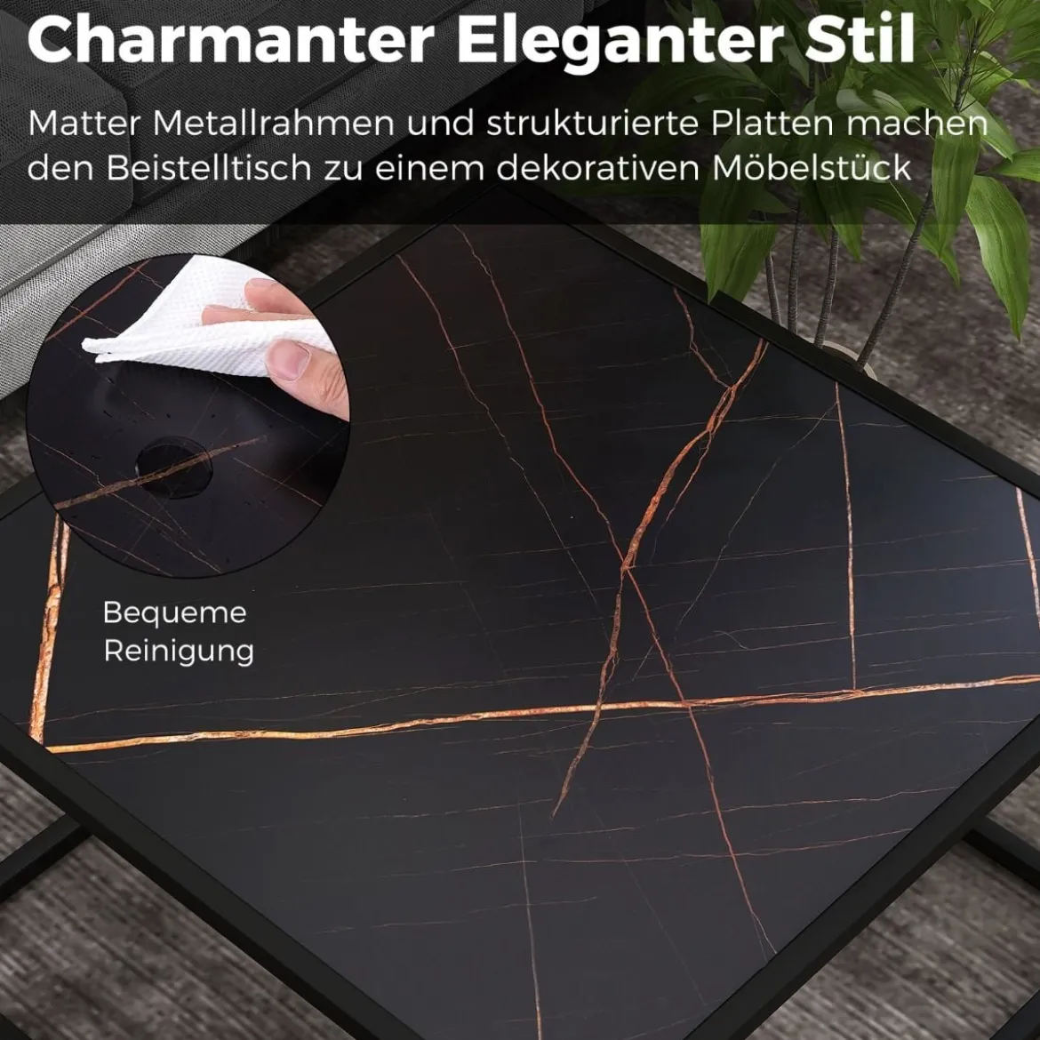 Couchtisch Marmor Optik Rechteckiger Kaffeetisch mit Tischplatte aus Kunstmarmor 70 x 70 x 40 cm Schwarz