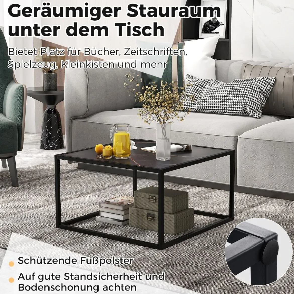 Couchtisch Marmor Optik Rechteckiger Kaffeetisch mit Tischplatte aus Kunstmarmor 70 x 70 x 40 cm Schwarz