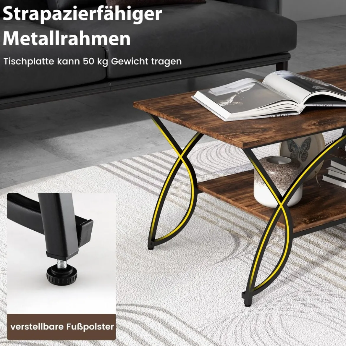 Couchtisch mit Ablage und Metallgestell Moderner Sofatisch 100 x 50 x 45 cm Vintagebraun