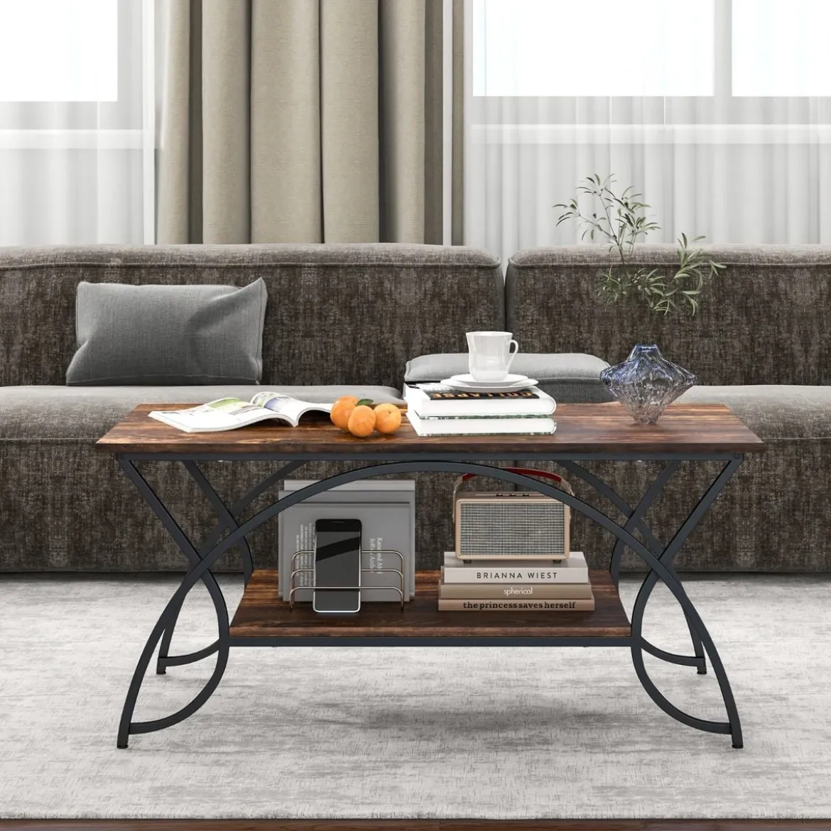 Couchtisch mit Ablage und Metallgestell Moderner Sofatisch 100 x 50 x 45 cm Vintagebraun