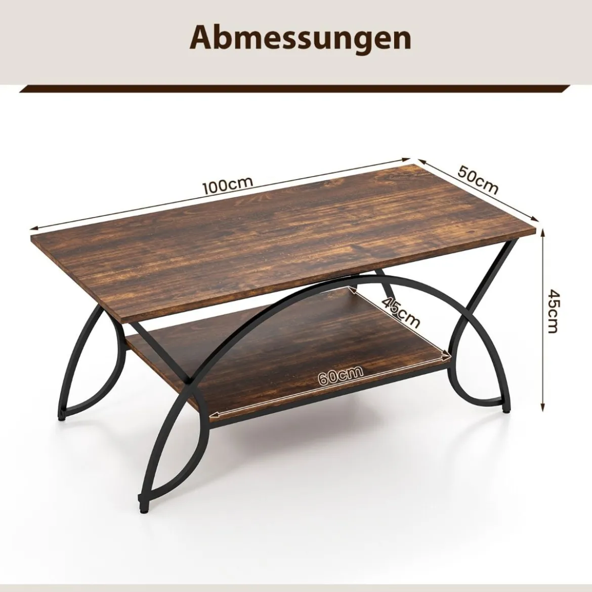Couchtisch mit Ablage und Metallgestell Moderner Sofatisch 100 x 50 x 45 cm Vintagebraun