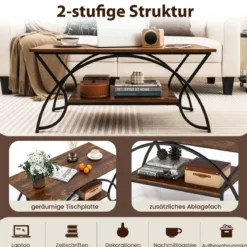 Couchtisch mit Ablage und Metallgestell Moderner Sofatisch 100 x 50 x 45 cm Vintagebraun