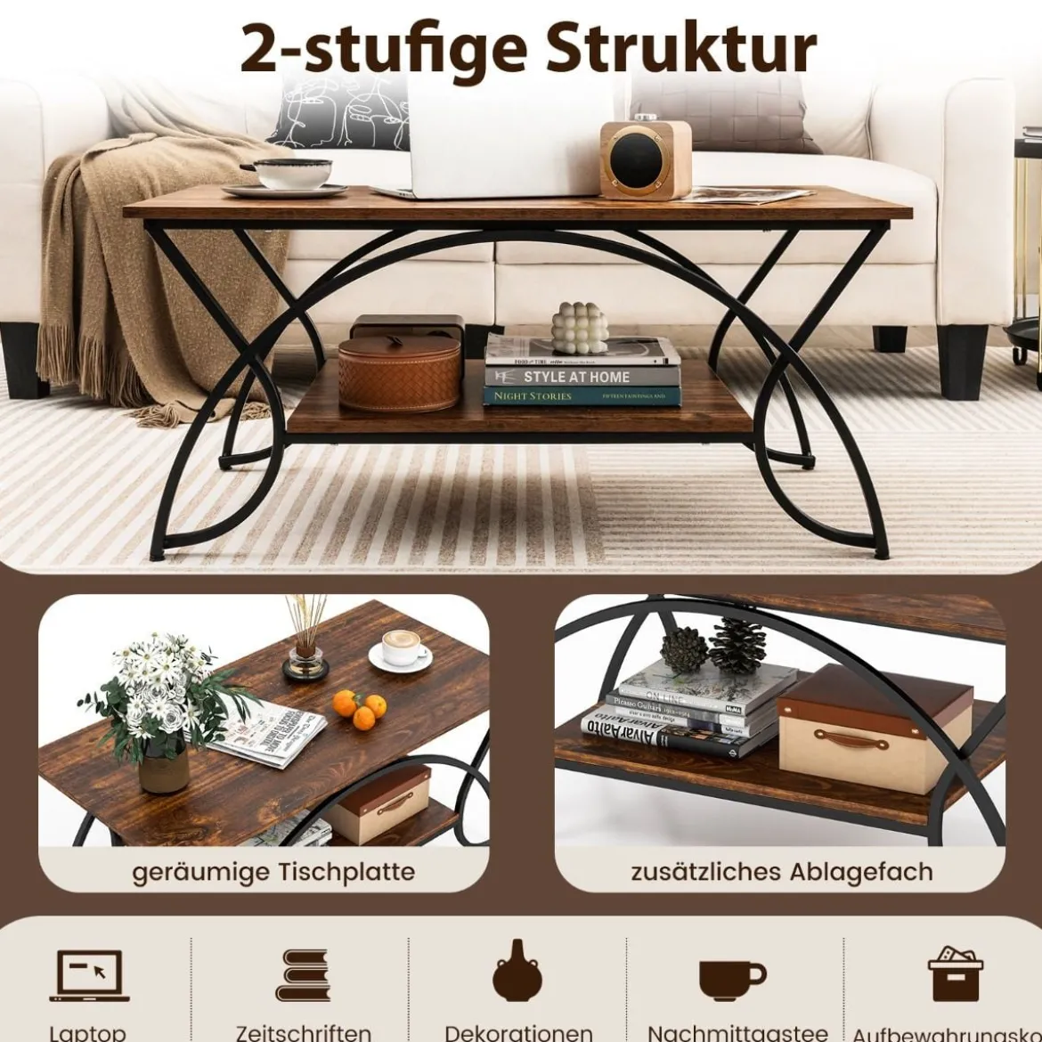 Couchtisch mit Ablage und Metallgestell Moderner Sofatisch 100 x 50 x 45 cm Vintagebraun
