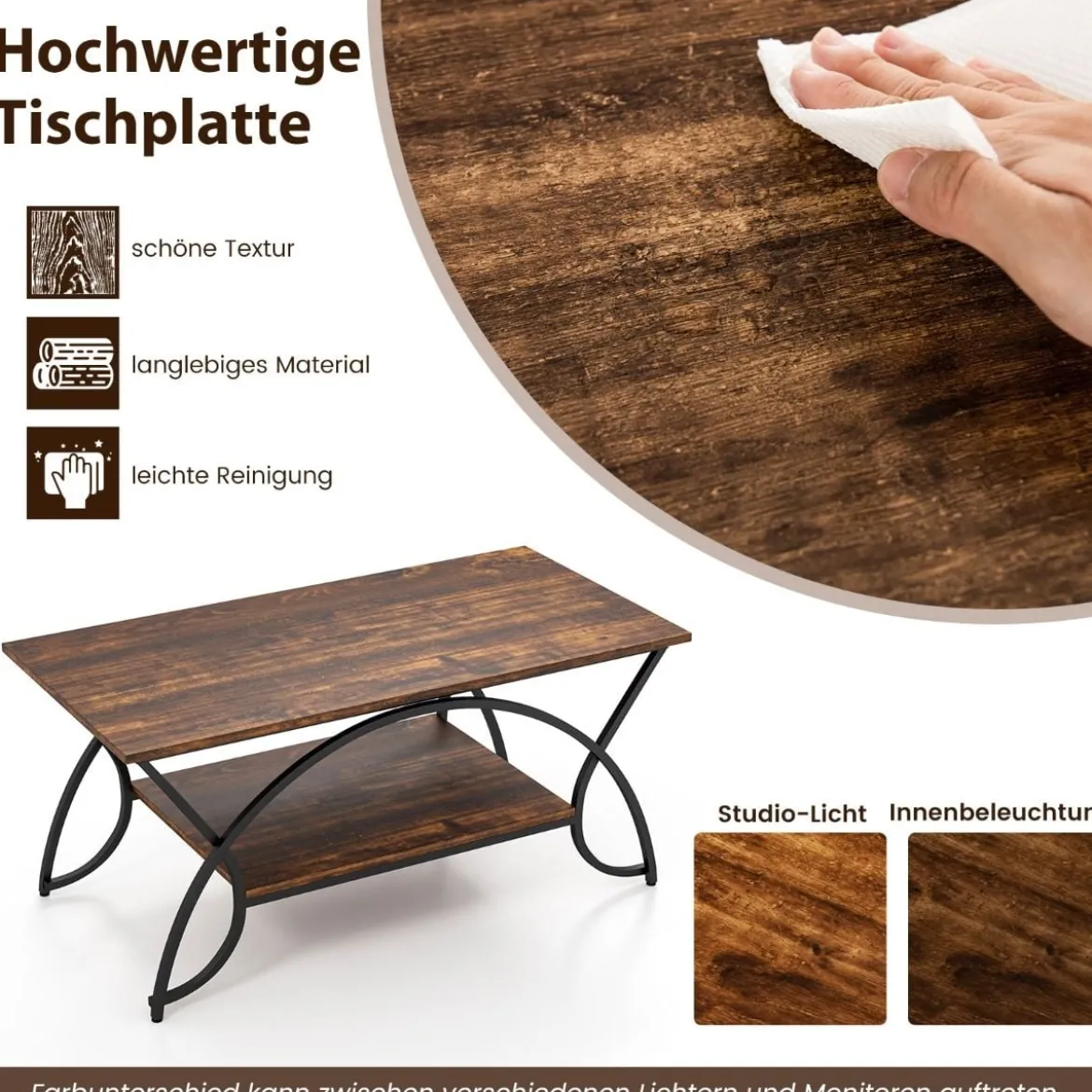 Couchtisch mit Ablage und Metallgestell Moderner Sofatisch 100 x 50 x 45 cm Vintagebraun