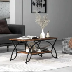 Couchtisch mit Ablage und Metallgestell Moderner Sofatisch 100 x 50 x 45 cm Vintagebraun