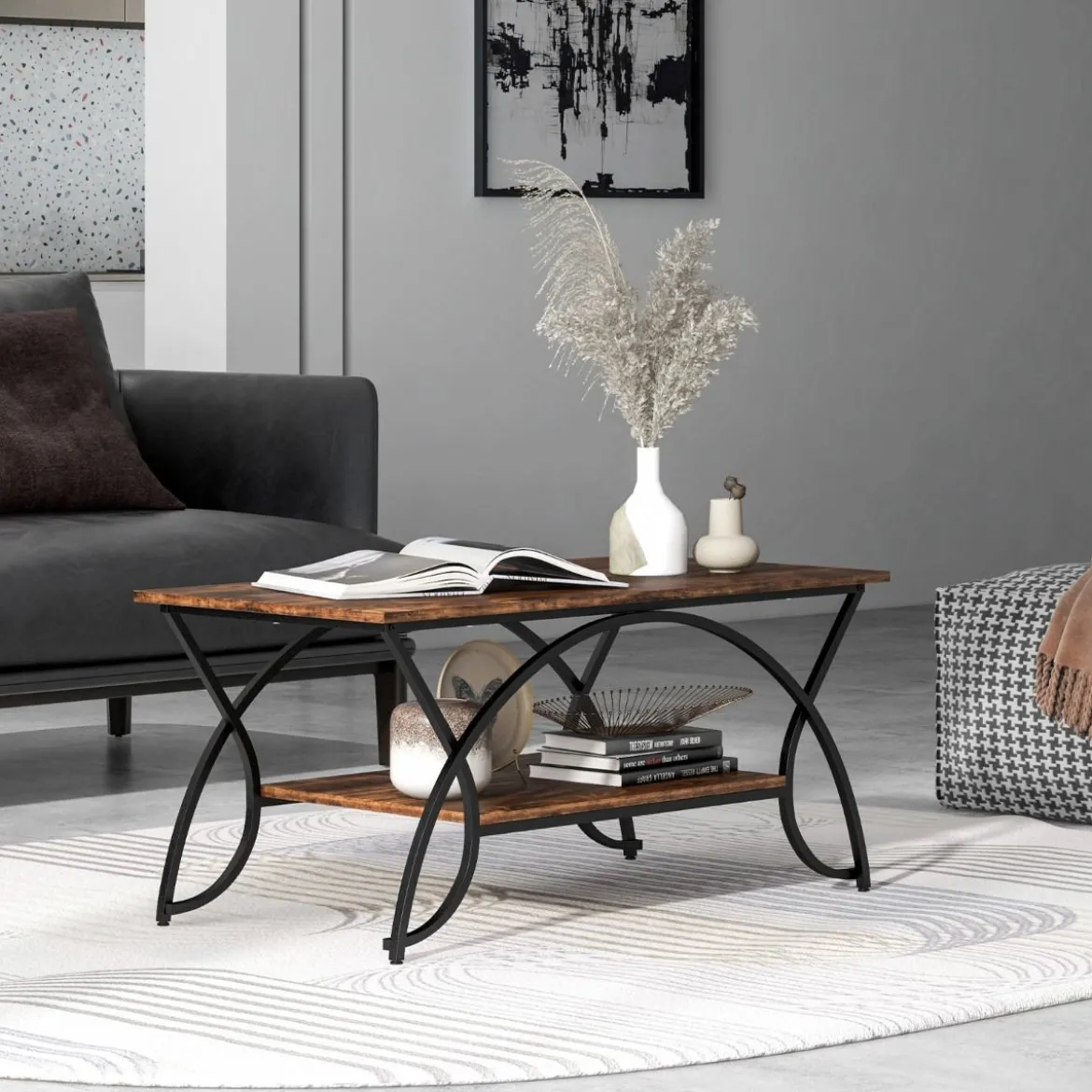 Couchtisch mit Ablage und Metallgestell Moderner Sofatisch 100 x 50 x 45 cm Vintagebraun