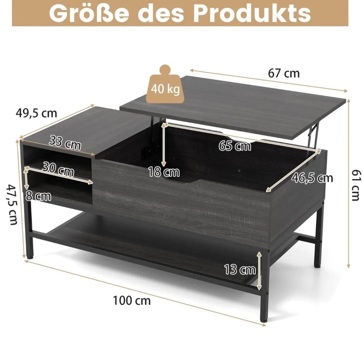 Couchtisch mit Anhebbarer Platte & Verstecktem Staufach Wohnzimmertisch Sofatisch