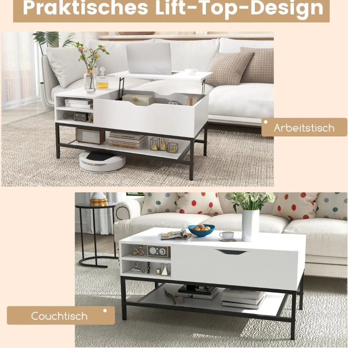 Couchtisch mit Anhebbarer Platte & Verstecktem Staufach Wohnzimmertisch Sofatisch