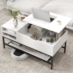 Couchtisch mit Anhebbarer Platte & Verstecktem Staufach Wohnzimmertisch Sofatisch