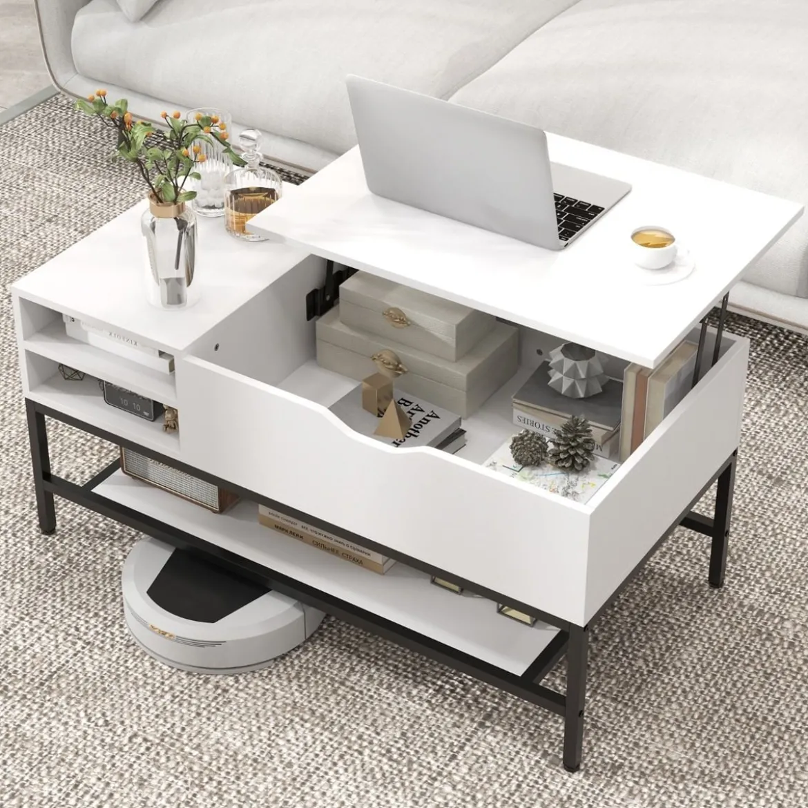Couchtisch mit Anhebbarer Platte & Verstecktem Staufach Wohnzimmertisch Sofatisch