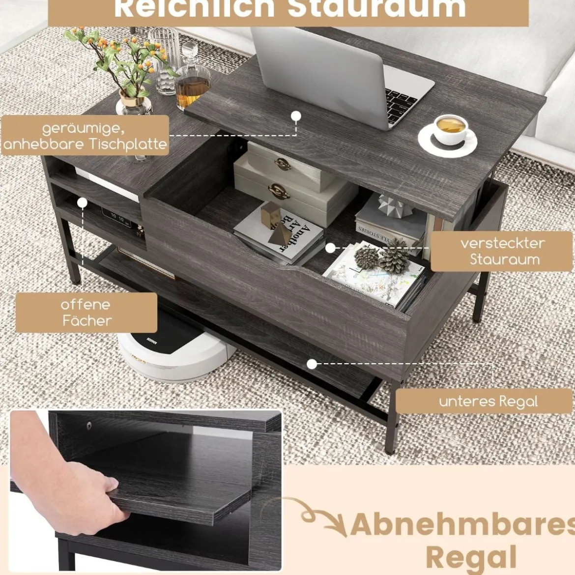 Couchtisch mit Anhebbarer Platte & Verstecktem Staufach Wohnzimmertisch Sofatisch