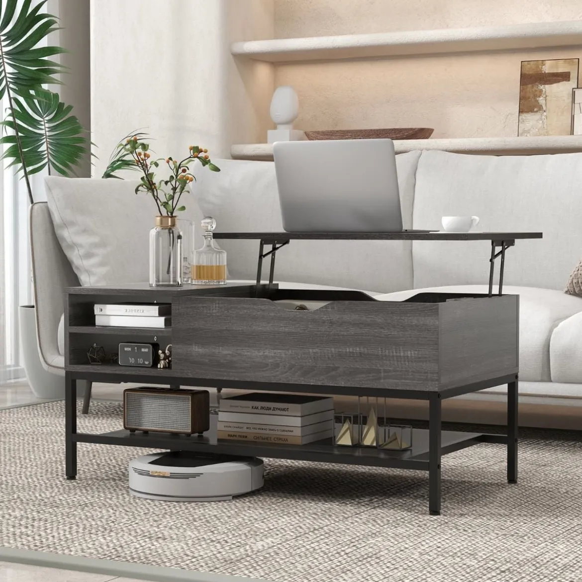 Couchtisch mit Anhebbarer Platte & Verstecktem Staufach Wohnzimmertisch Sofatisch