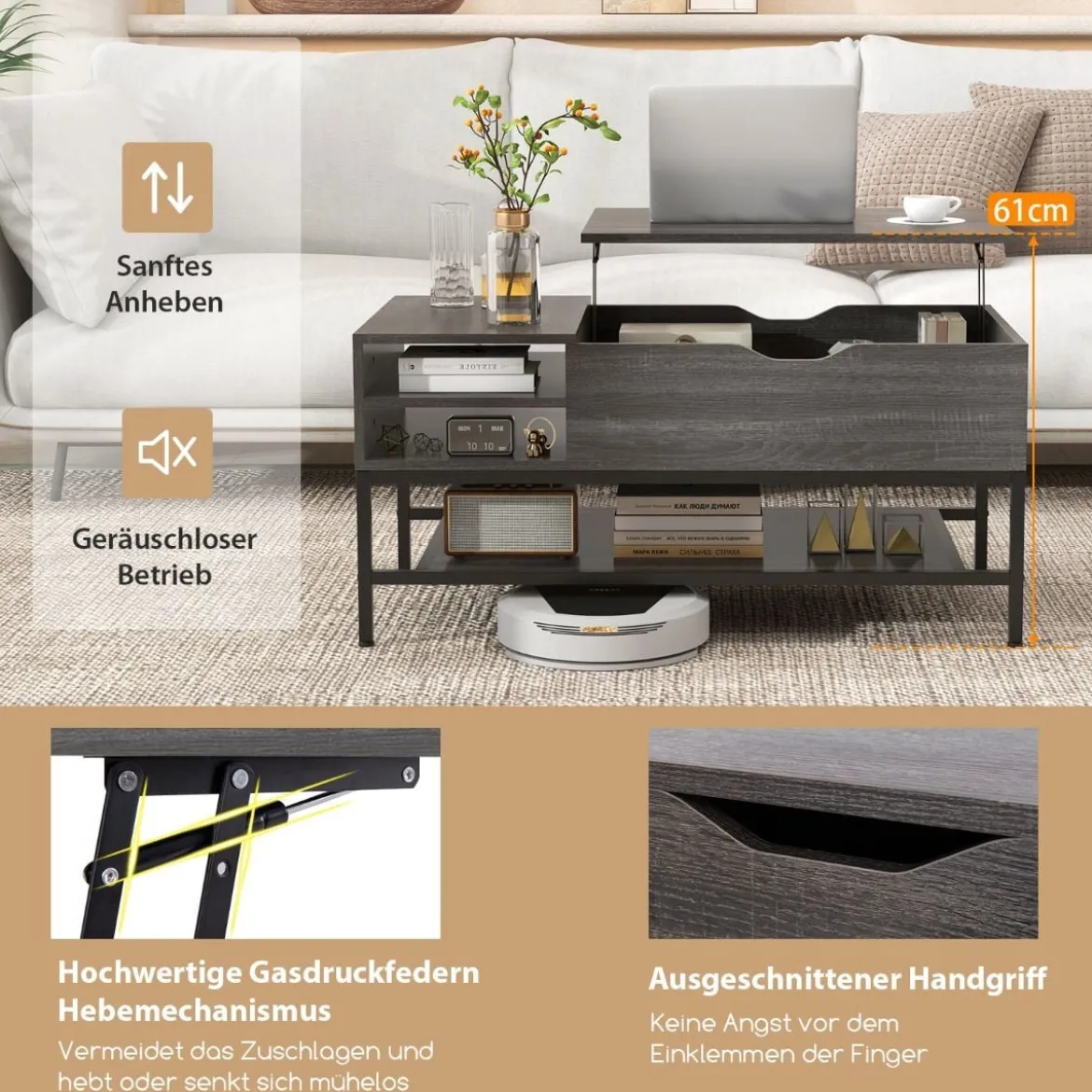 Couchtisch mit Anhebbarer Platte & Verstecktem Staufach Wohnzimmertisch Sofatisch