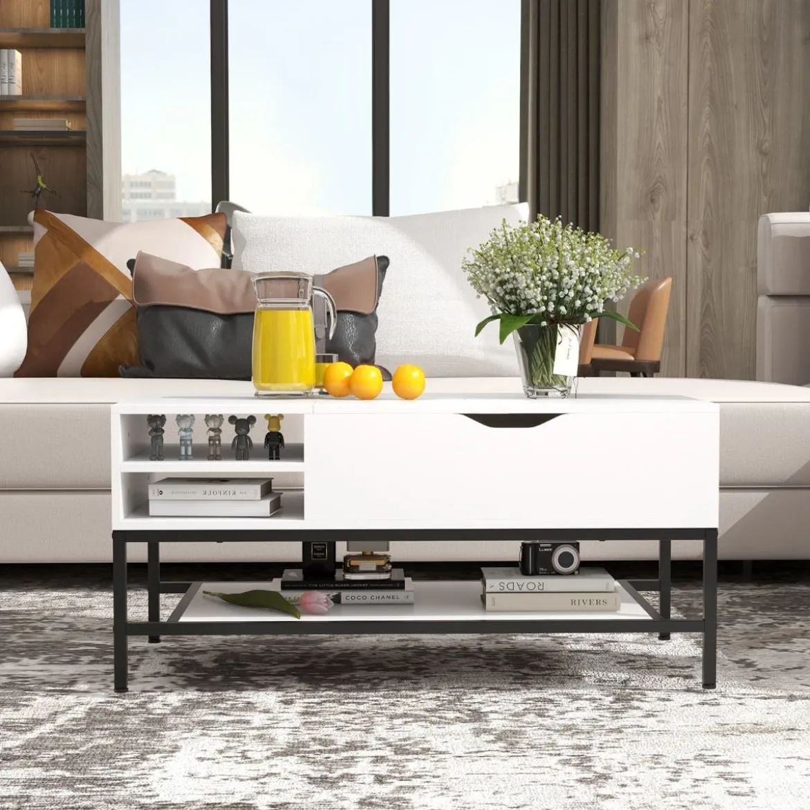 Couchtisch mit Anhebbarer Platte & Verstecktem Staufach Wohnzimmertisch Sofatisch