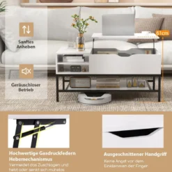 Couchtisch mit Anhebbarer Platte & Verstecktem Staufach Wohnzimmertisch Sofatisch