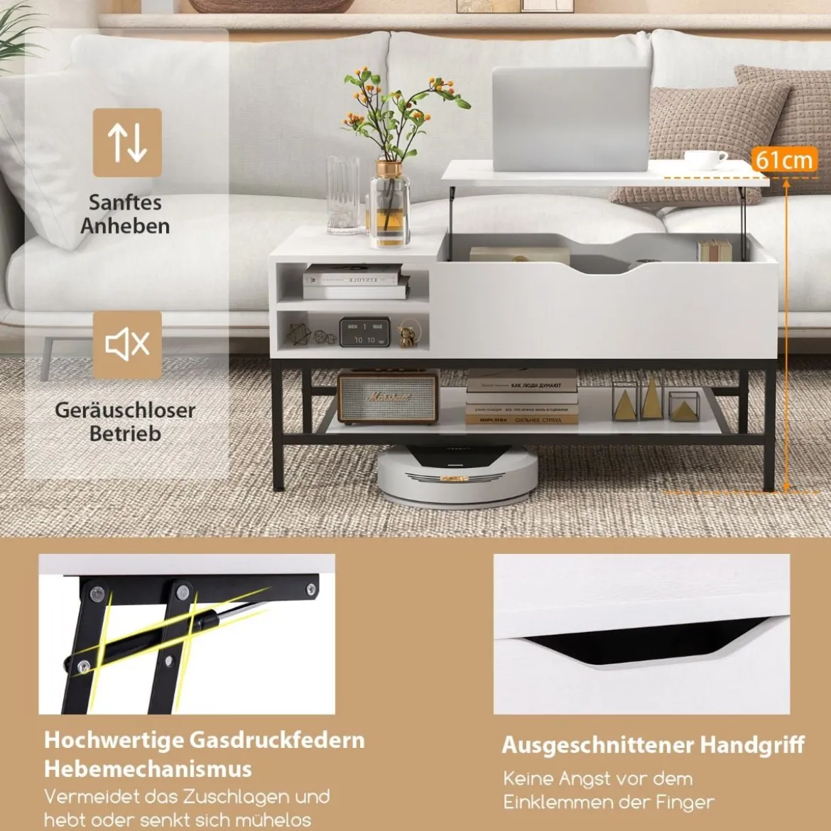 Couchtisch mit Anhebbarer Platte & Verstecktem Staufach Wohnzimmertisch Sofatisch