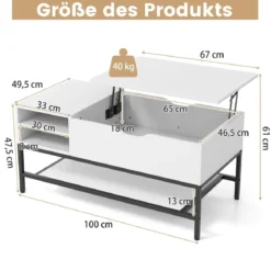 Couchtisch mit Anhebbarer Platte & Verstecktem Staufach Wohnzimmertisch Sofatisch