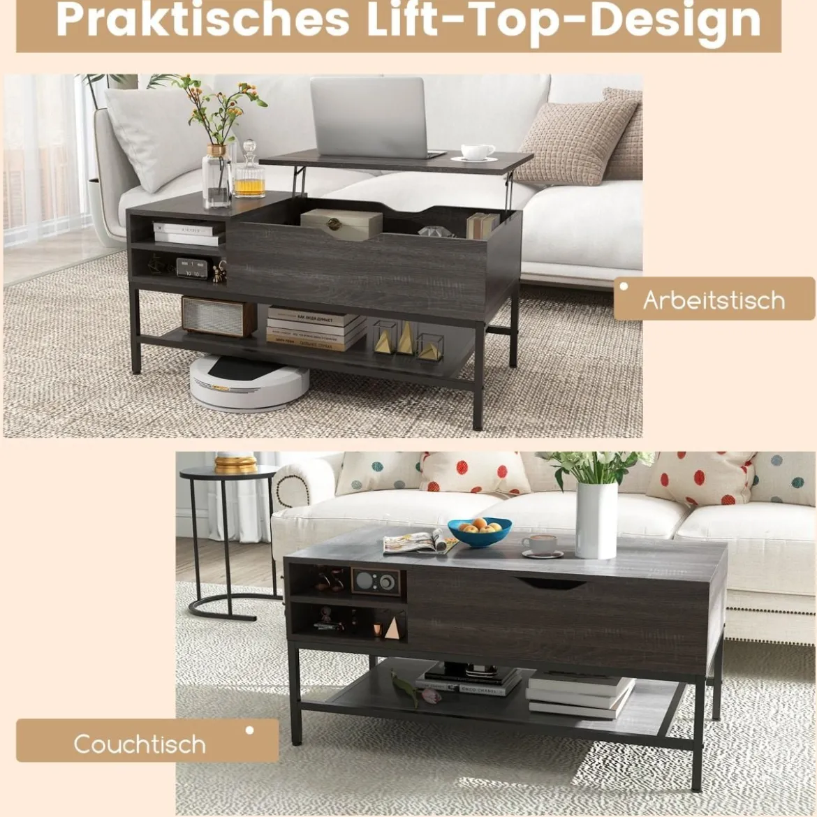 Couchtisch mit Anhebbarer Platte & Verstecktem Staufach Wohnzimmertisch Sofatisch