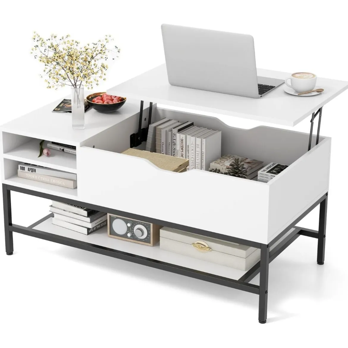 Couchtisch mit Anhebbarer Platte & Verstecktem Staufach Wohnzimmertisch Sofatisch