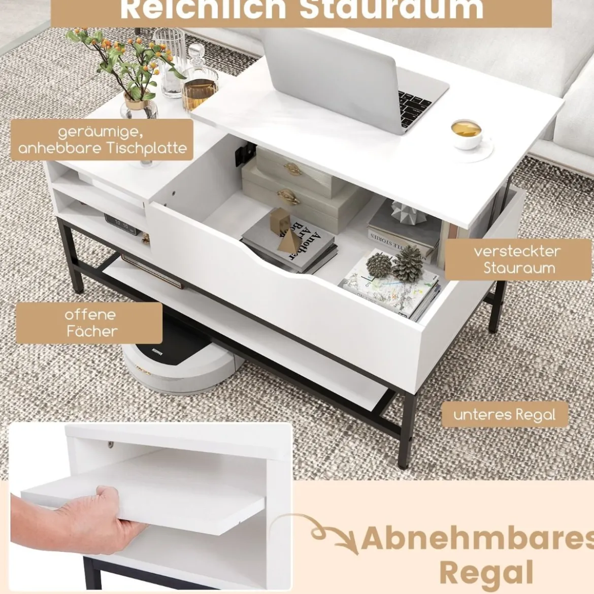 Couchtisch mit Anhebbarer Platte & Verstecktem Staufach Wohnzimmertisch Sofatisch