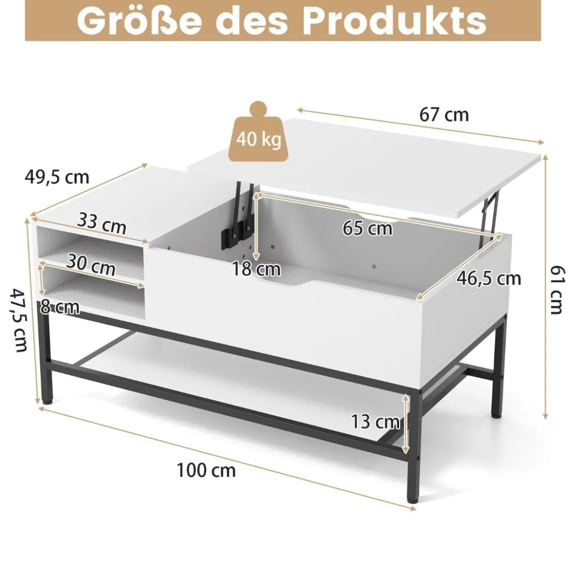 Couchtisch mit Anhebbarer Platte & Verstecktem Staufach Wohnzimmertisch Sofatisch