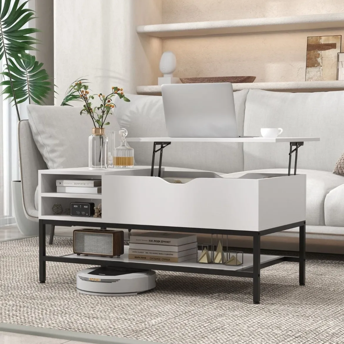 Couchtisch mit Anhebbarer Platte & Verstecktem Staufach Wohnzimmertisch Sofatisch