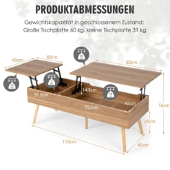 Couchtisch mit Anhebbarer Tischplatte Sofatisch mit Pneumatischen Stangen 120 x 49 x 42 cm Braun 5-Bein-Unterstützung