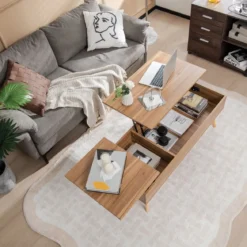 Couchtisch mit Anhebbarer Tischplatte Sofatisch mit Pneumatischen Stangen 120 x 49 x 42 cm Braun 5-Bein-Unterstützung