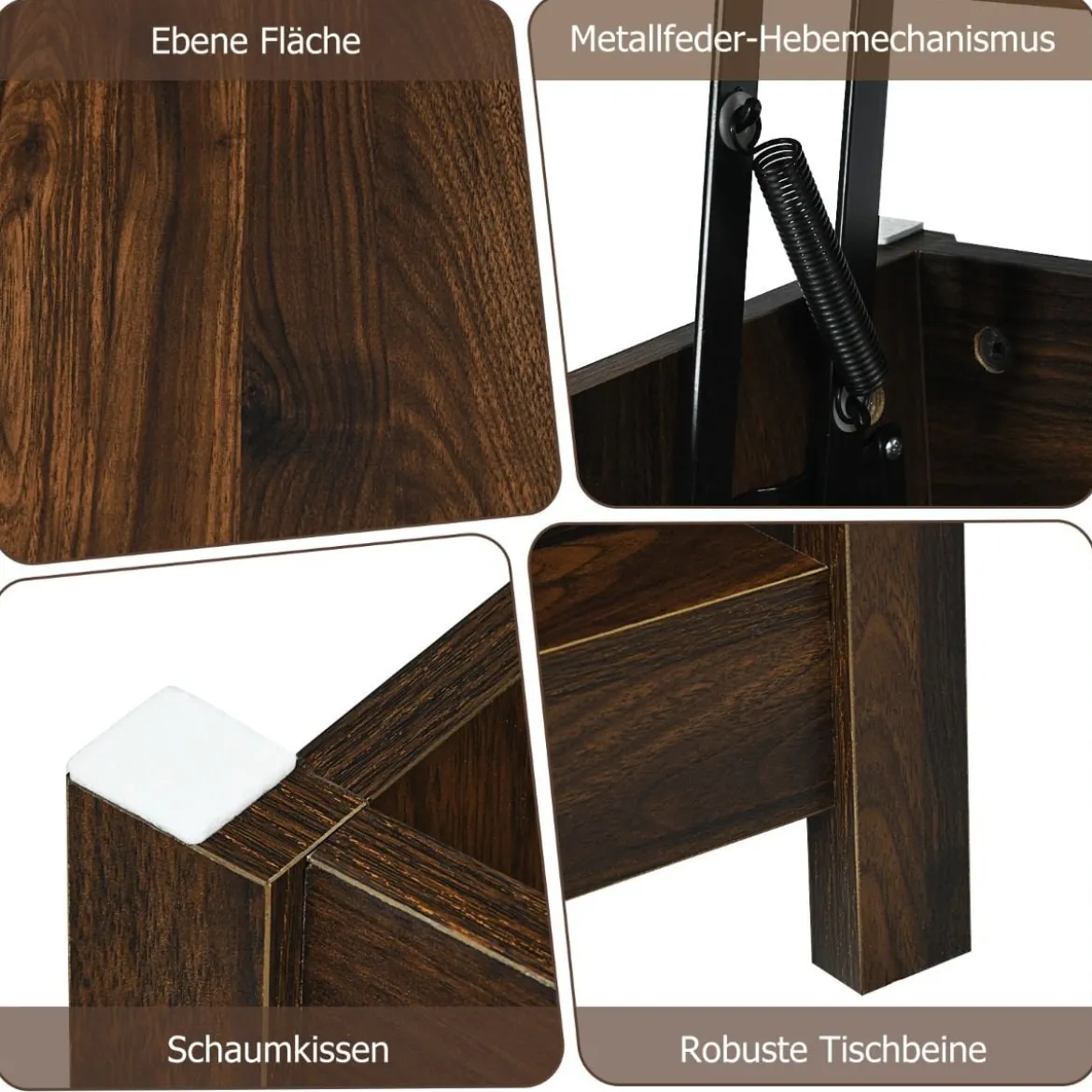 Couchtisch mit anzuhebender Tischplatte Multifunktions-Akzentmöbel mit versteckten Fächern & Regalen Braun