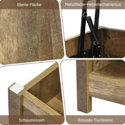 Couchtisch mit anzuhebender Tischplatte Multifunktions-Akzentmöbel mit versteckten Fächern & Regalen Eiche/Schwarz/Weiß