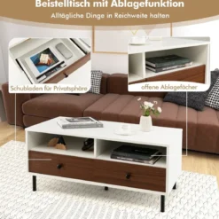 Couchtisch mit 2 Schubladen & 2 Ablagen Wohnzimmertisch rechteckig mit Stauraum 95 x 48 x 45 cm