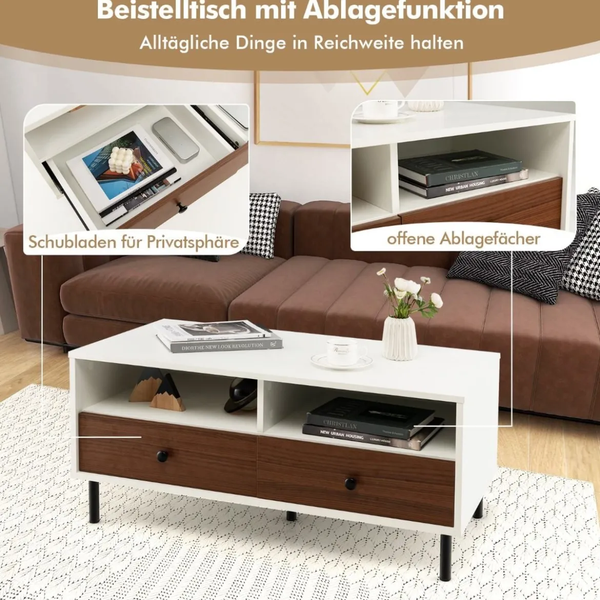 Couchtisch mit 2 Schubladen & 2 Ablagen Wohnzimmertisch rechteckig mit Stauraum 95 x 48 x 45 cm