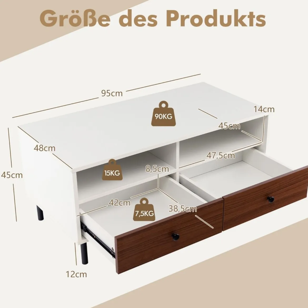 Couchtisch mit 2 Schubladen & 2 Ablagen Wohnzimmertisch rechteckig mit Stauraum 95 x 48 x 45 cm