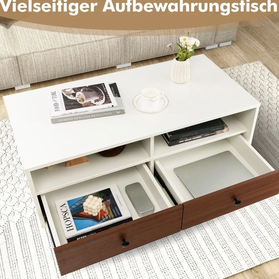 Couchtisch mit 2 Schubladen & 2 Ablagen Wohnzimmertisch rechteckig mit Stauraum 95 x 48 x 45 cm