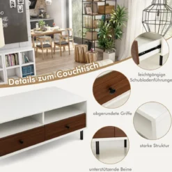 Couchtisch mit 2 Schubladen & 2 Ablagen Wohnzimmertisch rechteckig mit Stauraum 95 x 48 x 45 cm