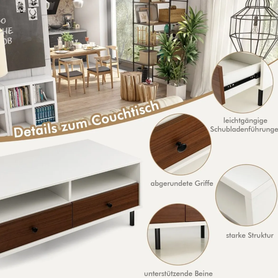 Couchtisch mit 2 Schubladen & 2 Ablagen Wohnzimmertisch rechteckig mit Stauraum 95 x 48 x 45 cm