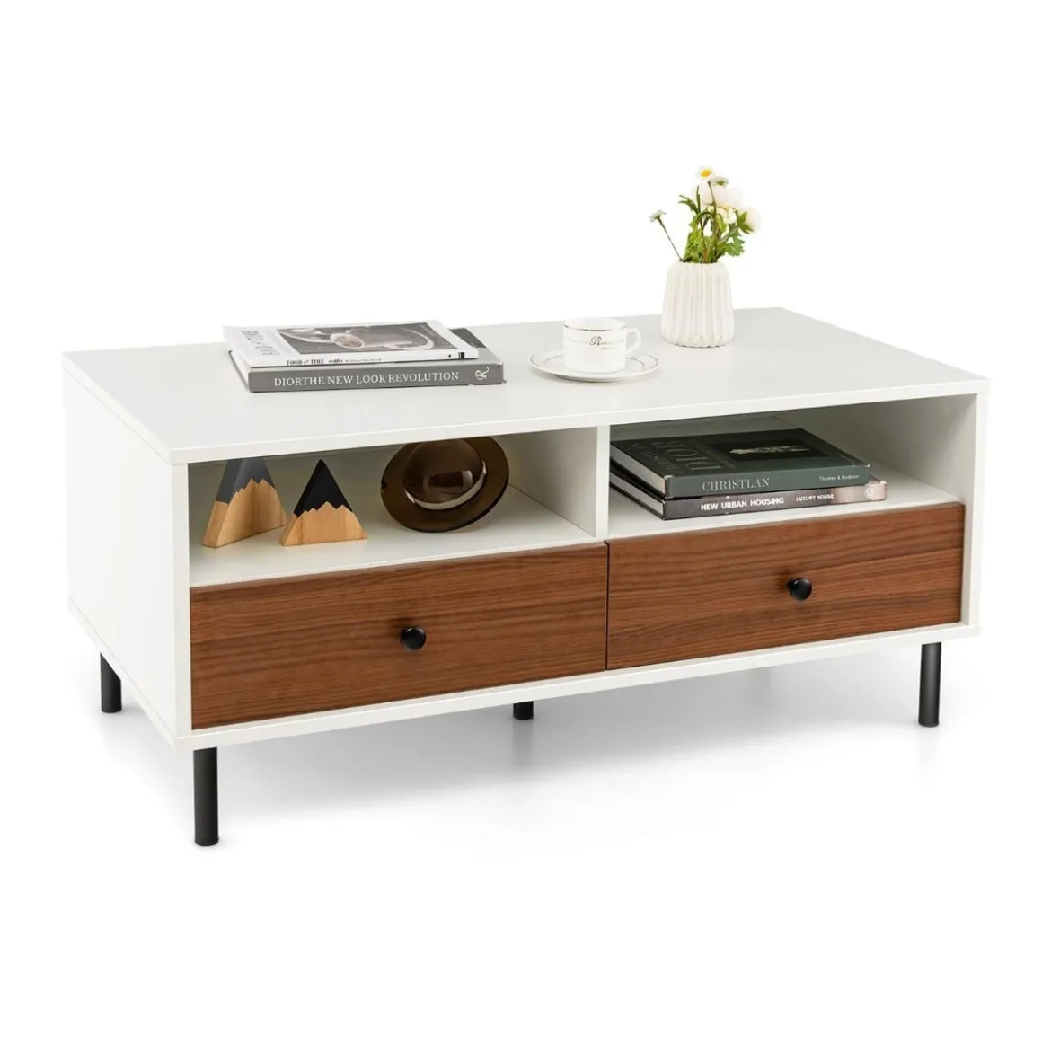 Couchtisch mit 2 Schubladen & 2 Ablagen Wohnzimmertisch rechteckig mit Stauraum 95 x 48 x 45 cm
