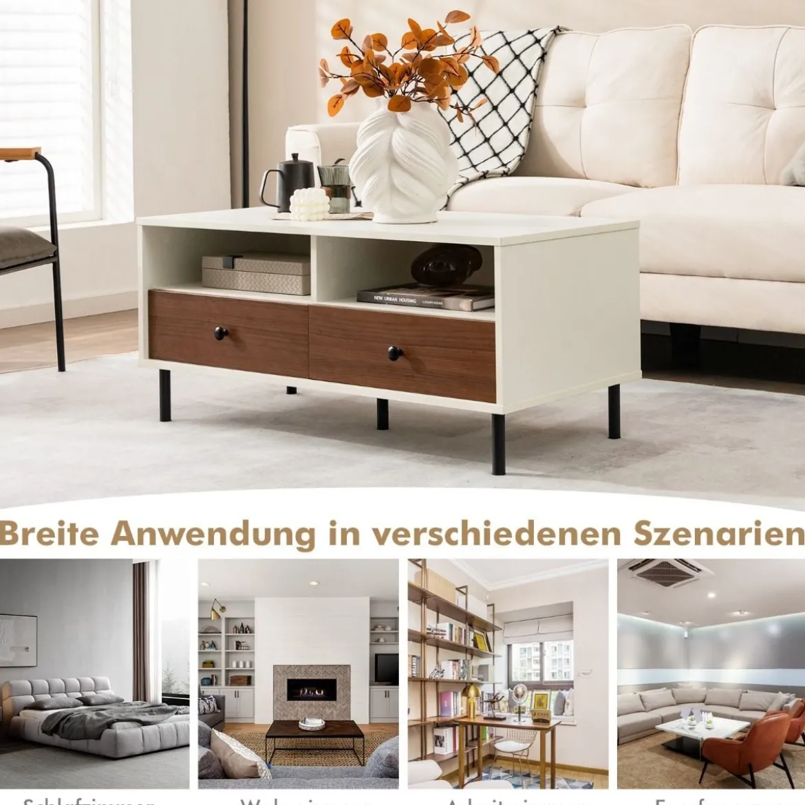 Couchtisch mit 2 Schubladen & 2 Ablagen Wohnzimmertisch rechteckig mit Stauraum 95 x 48 x 45 cm