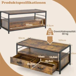 Couchtisch mit 2 Schubladen & Regal Rechteckiger Kaffeetisch für zu Hause 105 x 50 x 45 cm Rustikales Braun
